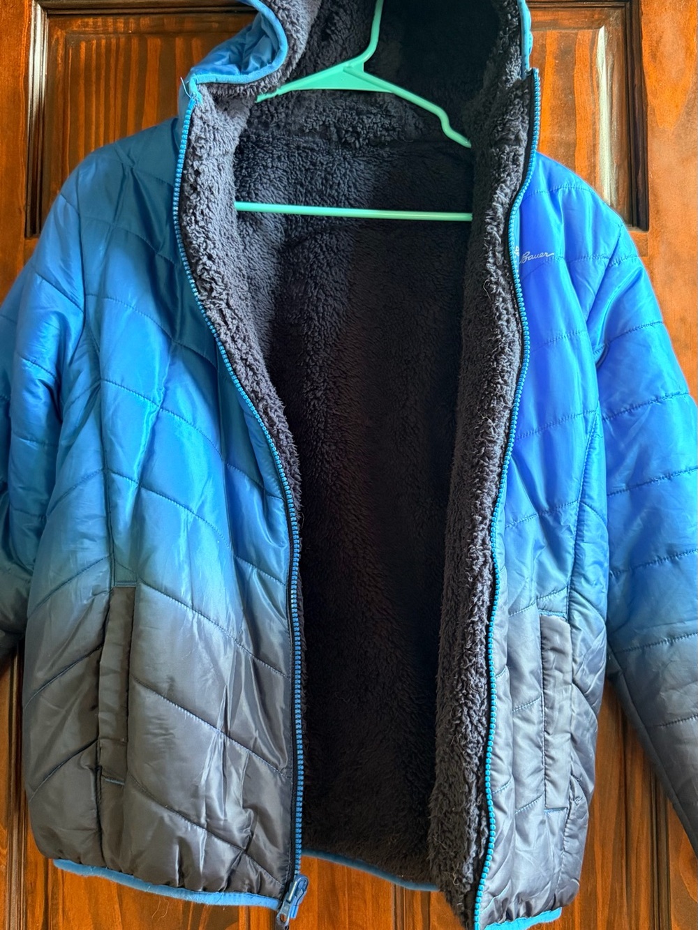 Eddie Bauer Blue to Gray Ombre Kids Puffer with Black Sherpa Lining